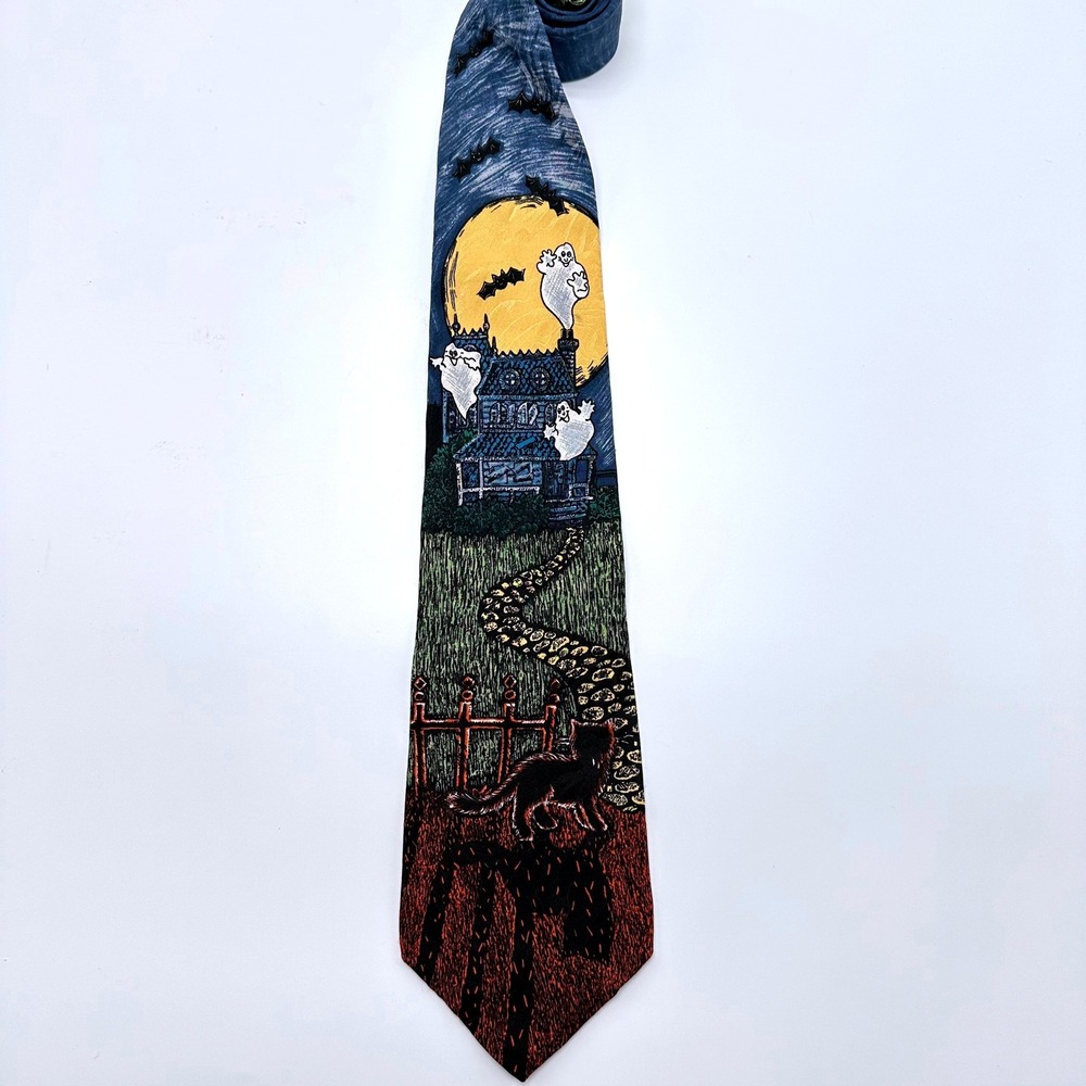 Hallmark Celebrations Mens Silk Halloween Tie Haunted House Ghost Black Cat Moon